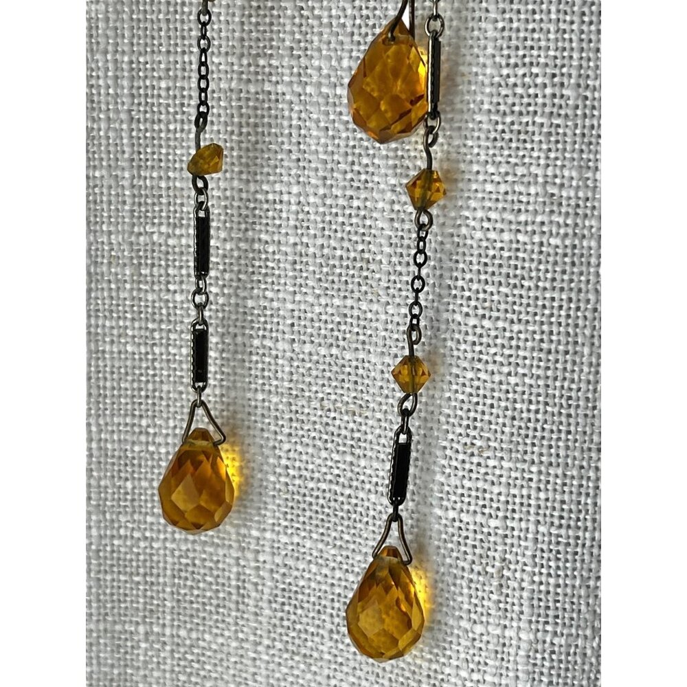 Amber Crystal Bolo Style Drop Necklace With Blackened Chain & Faceted Beads